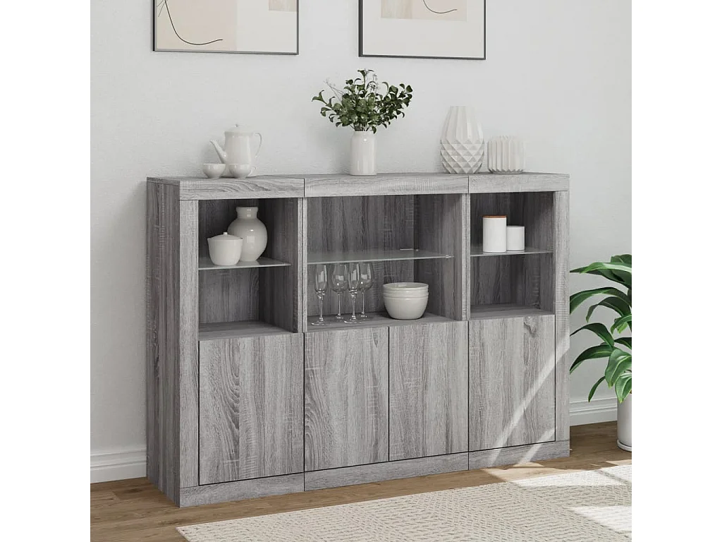 Sideboards Grau Anrichten mit LED-Leuchten im 3er-Set Anrichten Sonoma Holzwerkstoff -RM22437