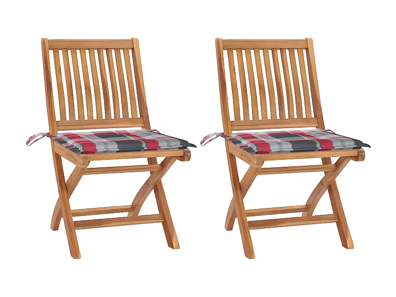 Chaises de jardin 2 pcs avec coussins à carreaux rouge Teck SEF56733