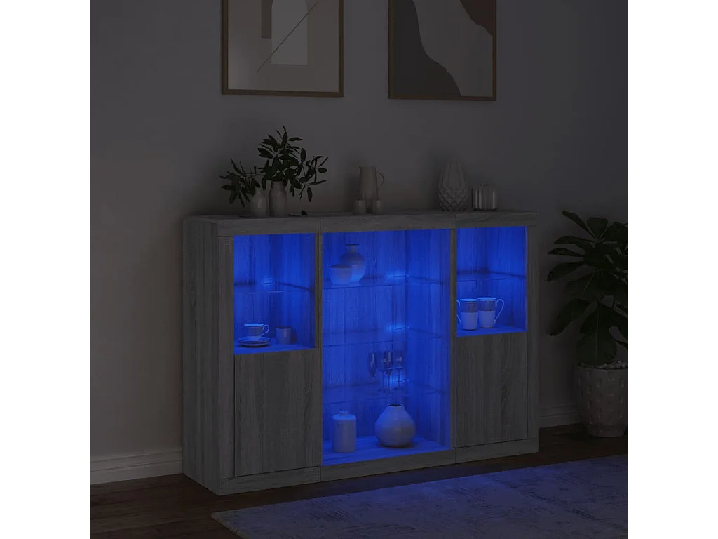Sideboards Grau Anrichten mit LED-Leuchten im 3er-Set Anrichten Sonoma Holzwerkstoff -RM70683
