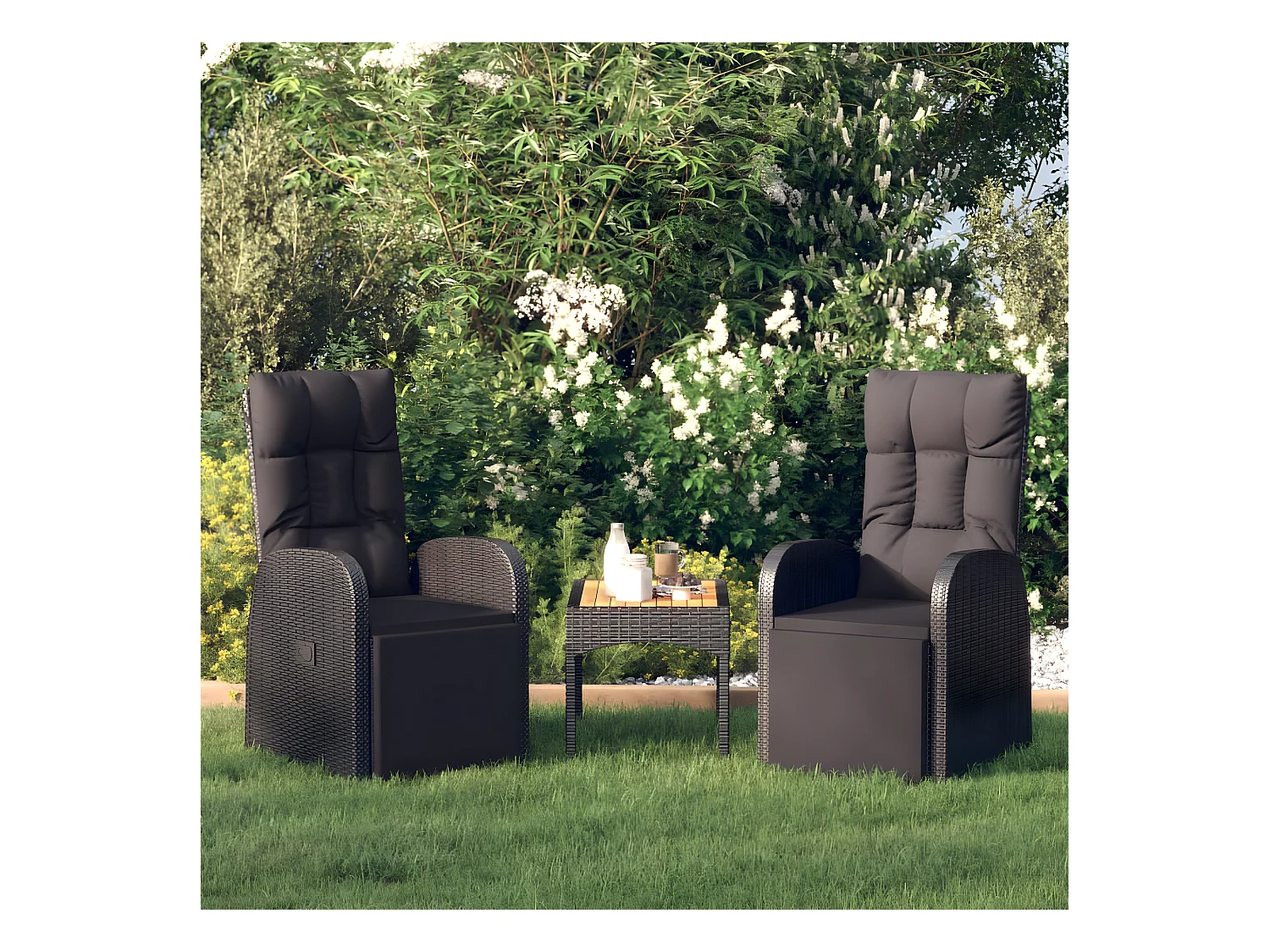 Chaises de jardin inclinables coussins 2pcs Noir Résine tressée SEF78643