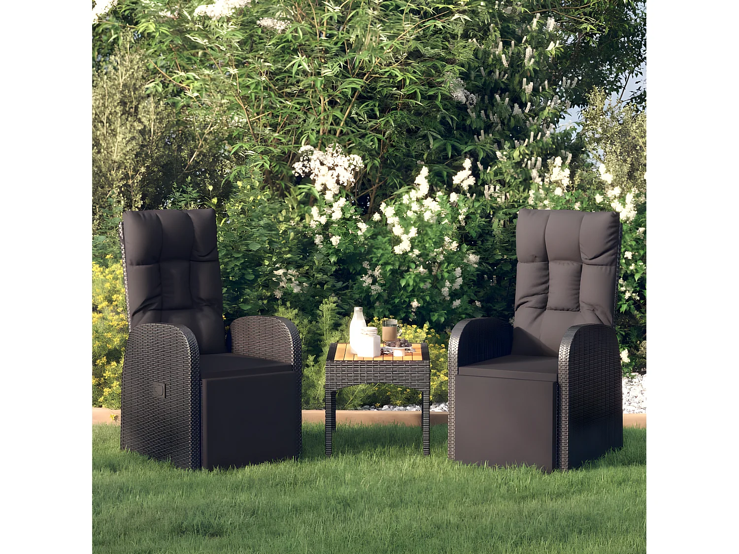 Chaises de jardin inclinables coussins 2pcs Noir Résine tressée SEF78643