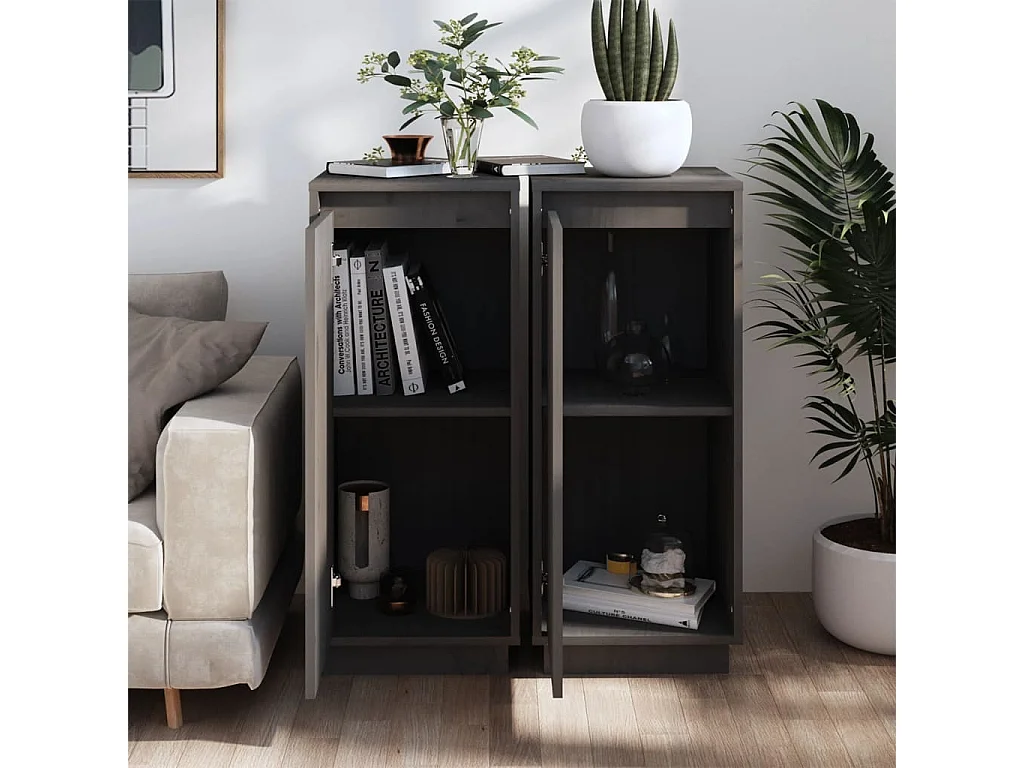 Sideboards Grau im 2er-Set Anrichten 31,5x34x75 cm Massivholz Kiefer -RM34520