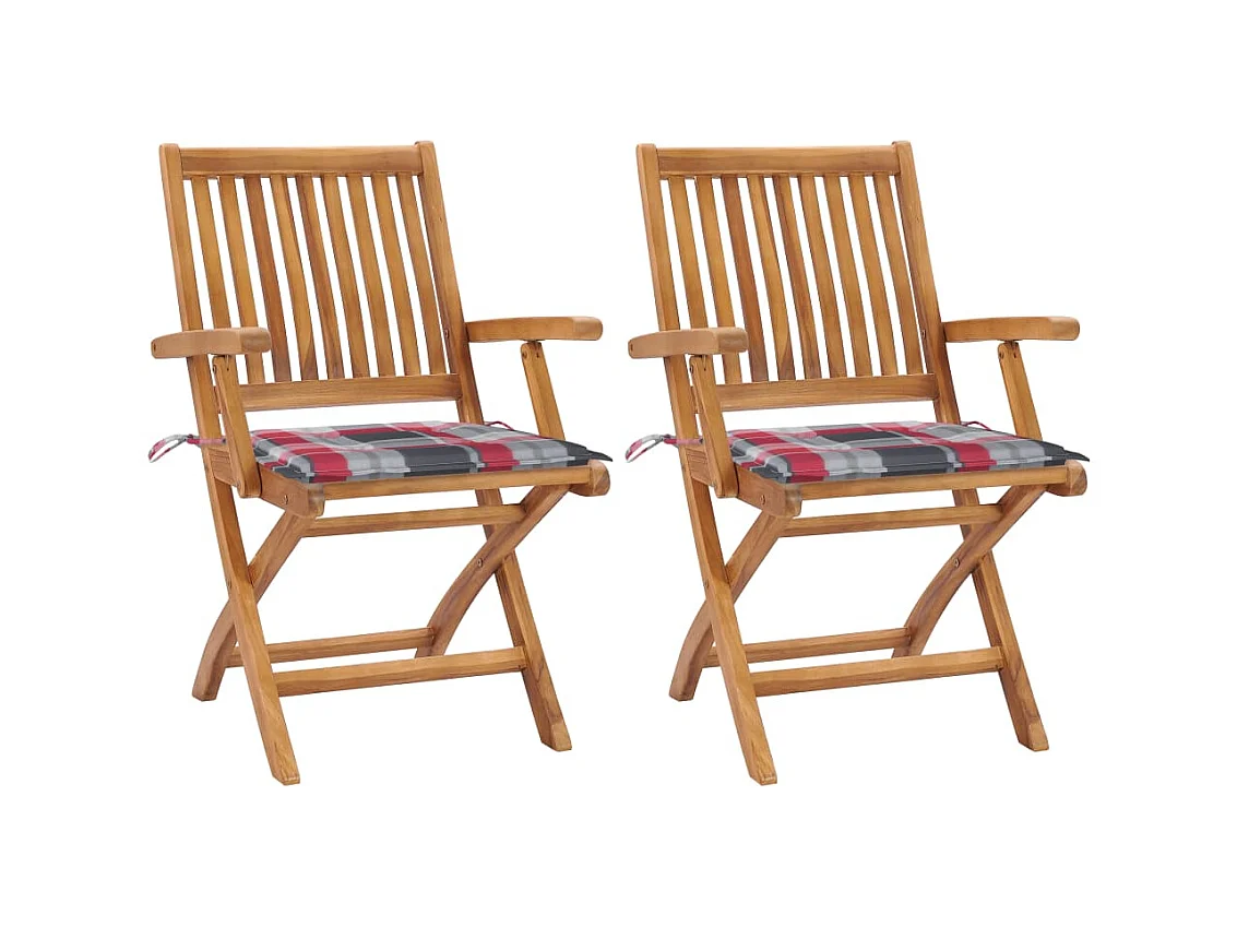 Chaises de jardin 2 pcs avec coussins à carreaux rouge Teck SEF98074