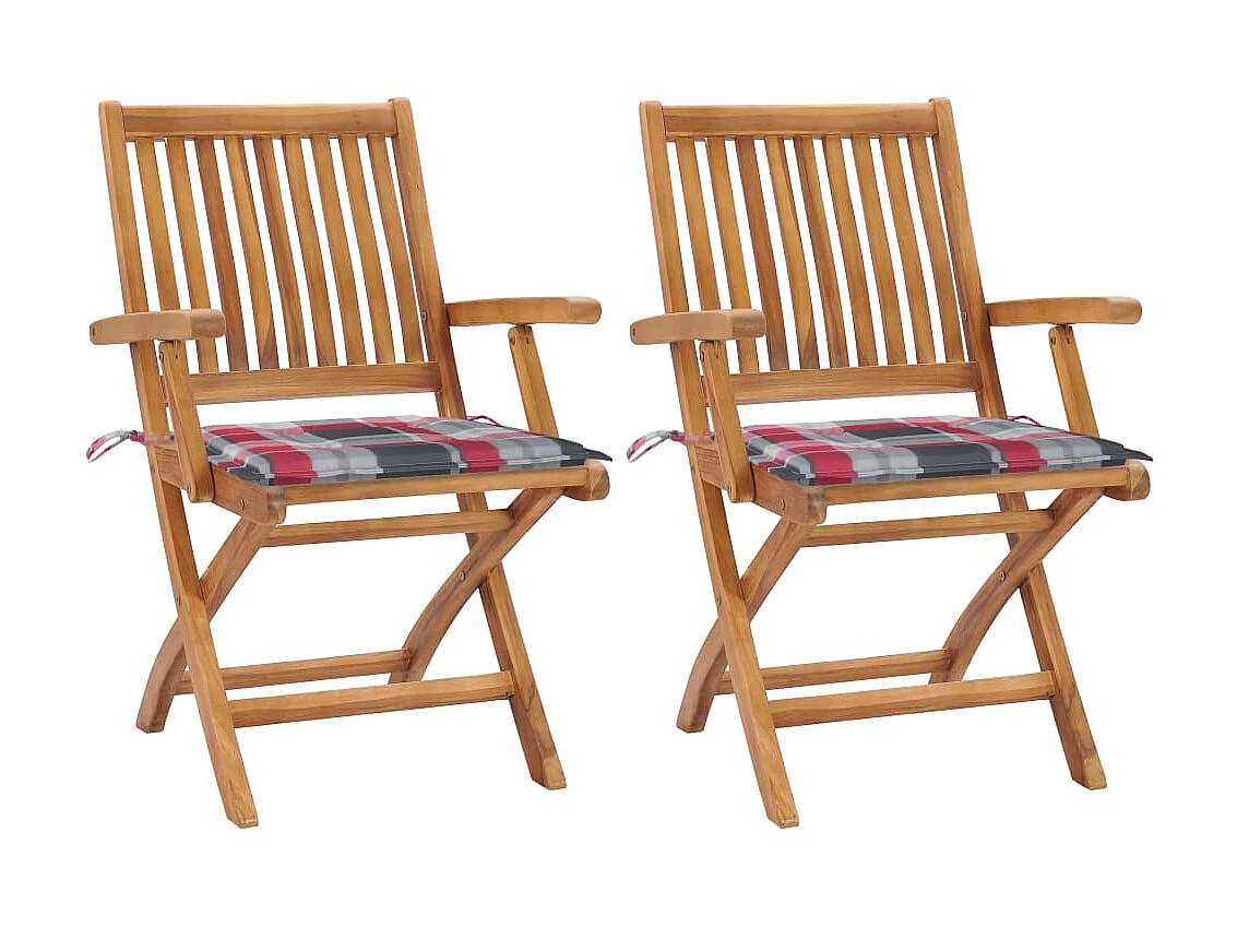Chaises de jardin 2 pcs avec coussins à carreaux rouge Teck SEF98074