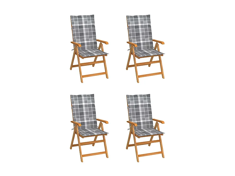 Chaises de jardin 4 pcs avec coussins à carreaux gris Teck SEF69303