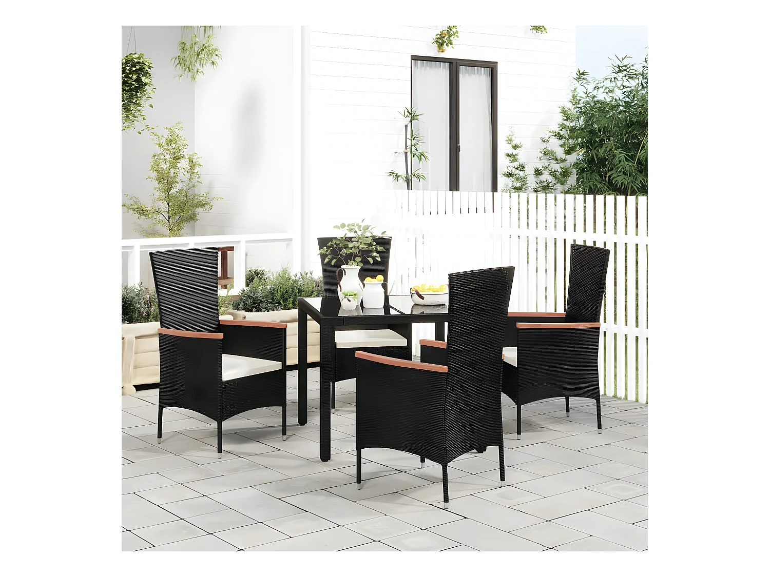 Chaises de jardin 4 pcs avec coussins Résine tressée Noir SEF63825