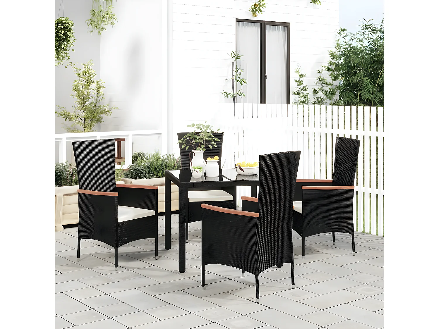 Chaises de jardin 4 pcs avec coussins Résine tressée Noir SEF63825