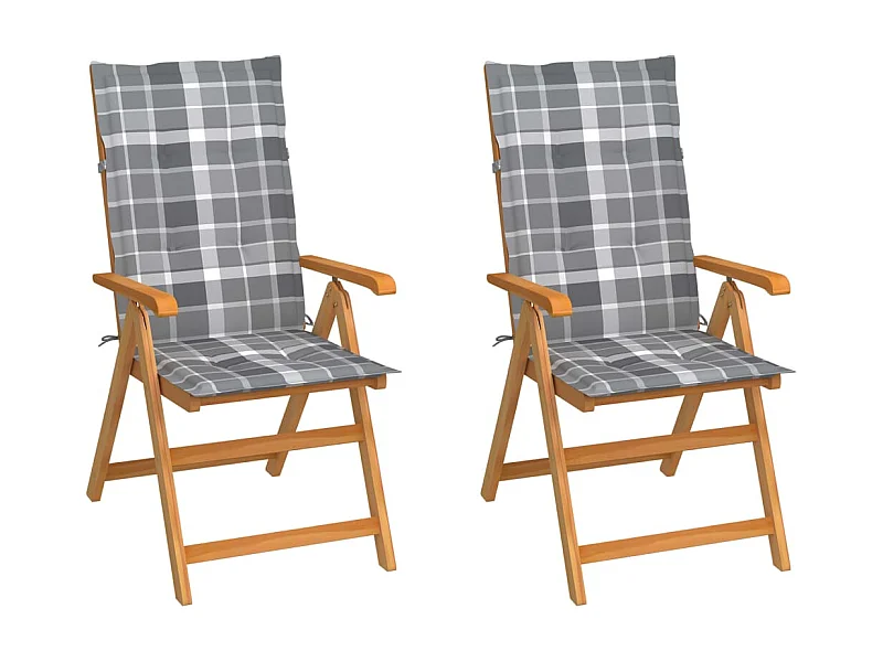 Chaises de jardin 2 pcs avec coussins à carreaux gris Teck SEF13349