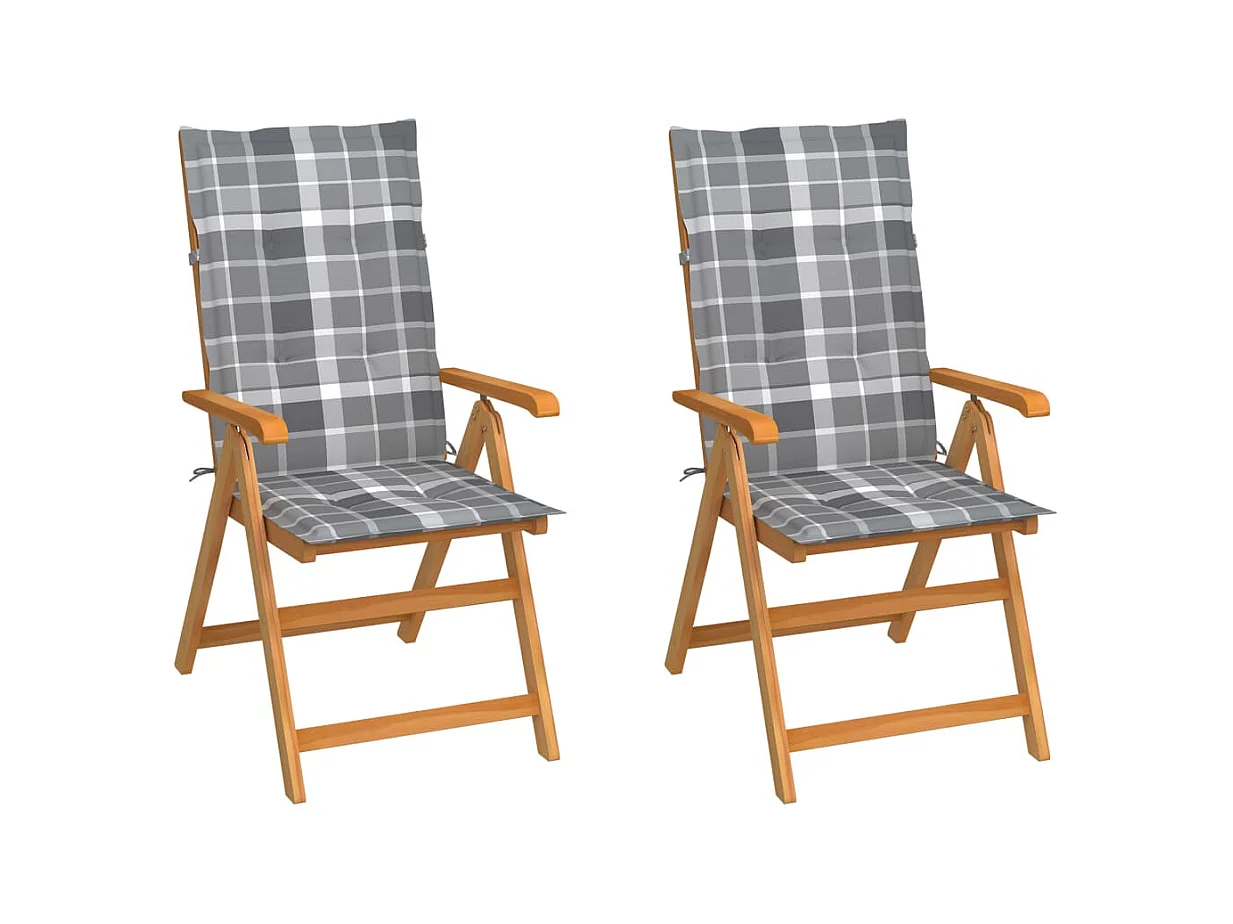 Chaises de jardin 2 pcs avec coussins à carreaux gris Teck SEF13349