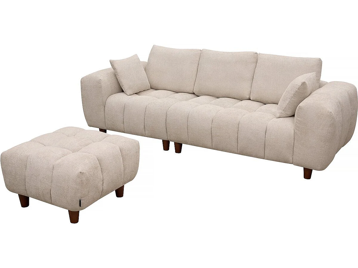 Pufe Bege Moderno para Sofá "Matignon" Direito - 70 x 70 x 46 cm, Tecido Chenille, Estrutura de Madeira