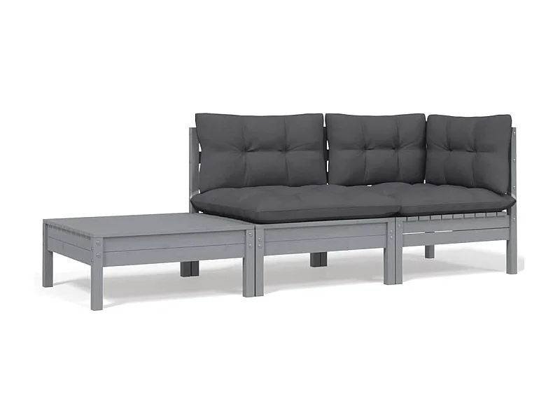 3-tlg. Garten-Sitzgruppe: Sofa + Tisch | Garten-Lounge-Set mit Kissen in Grau Kiefer Massivholz -GKD993529