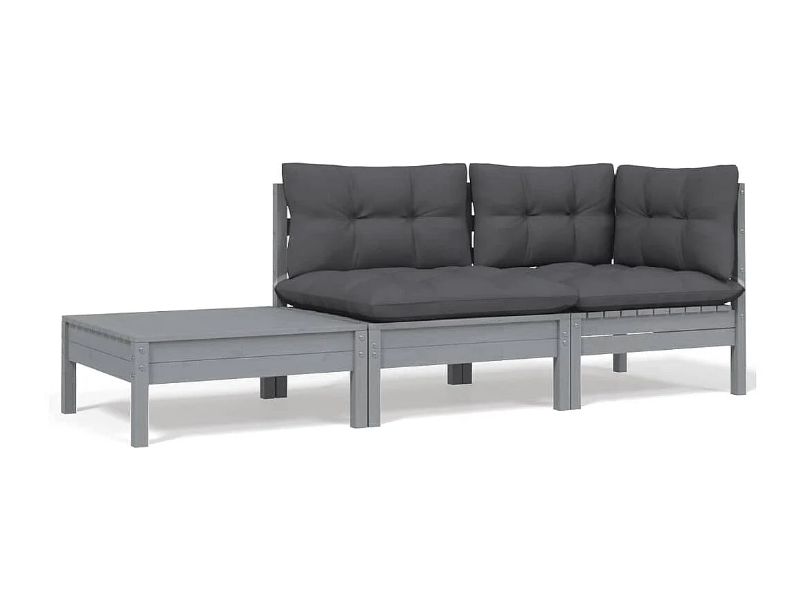 3-tlg. Garten-Sitzgruppe: Sofa + Tisch | Garten-Lounge-Set mit Kissen in Grau Kiefer Massivholz -GKD993529