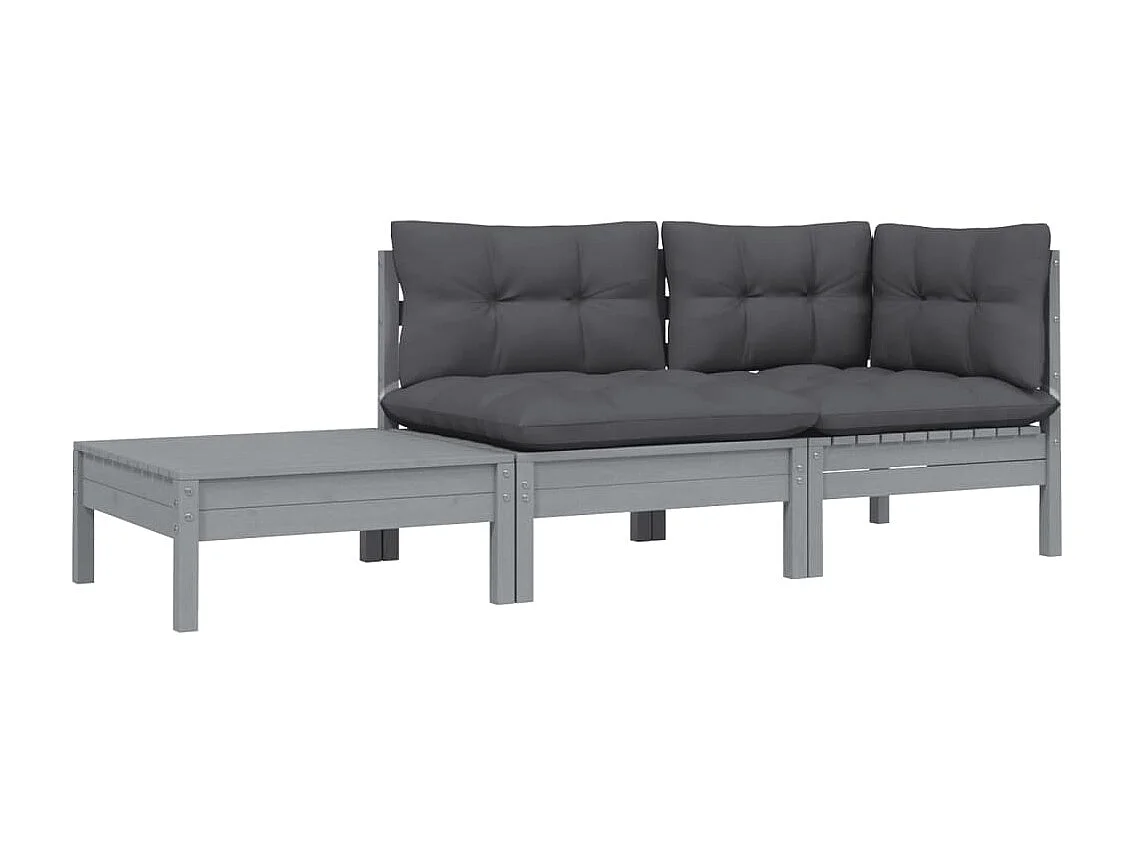 3-tlg. Garten-Sitzgruppe: Sofa + Tisch | Garten-Lounge-Set mit Kissen in Grau Kiefer Massivholz -GKD993529
