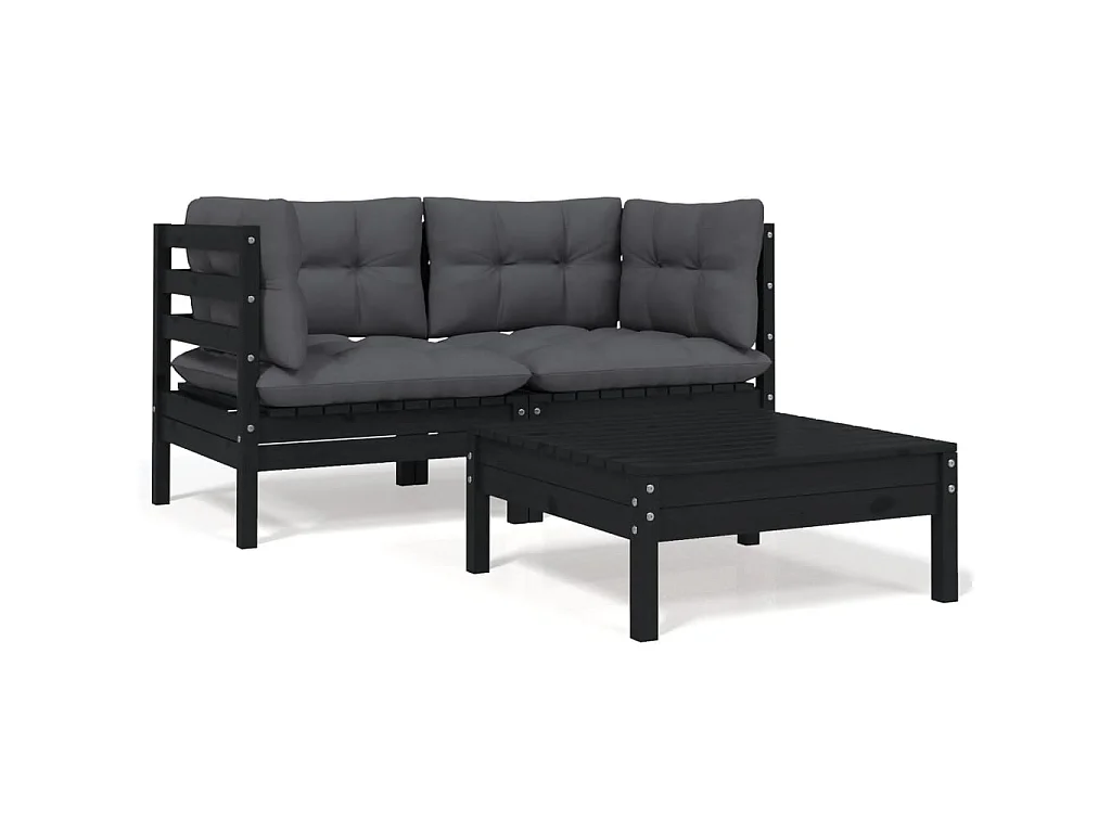 3 pcs Canapés de jardin avec coussins Noir Bois de pin massif PWRS78824