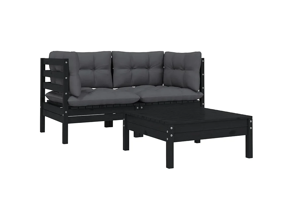 3 pcs Canapés de jardin avec coussins Noir Bois de pin massif PWRS78824