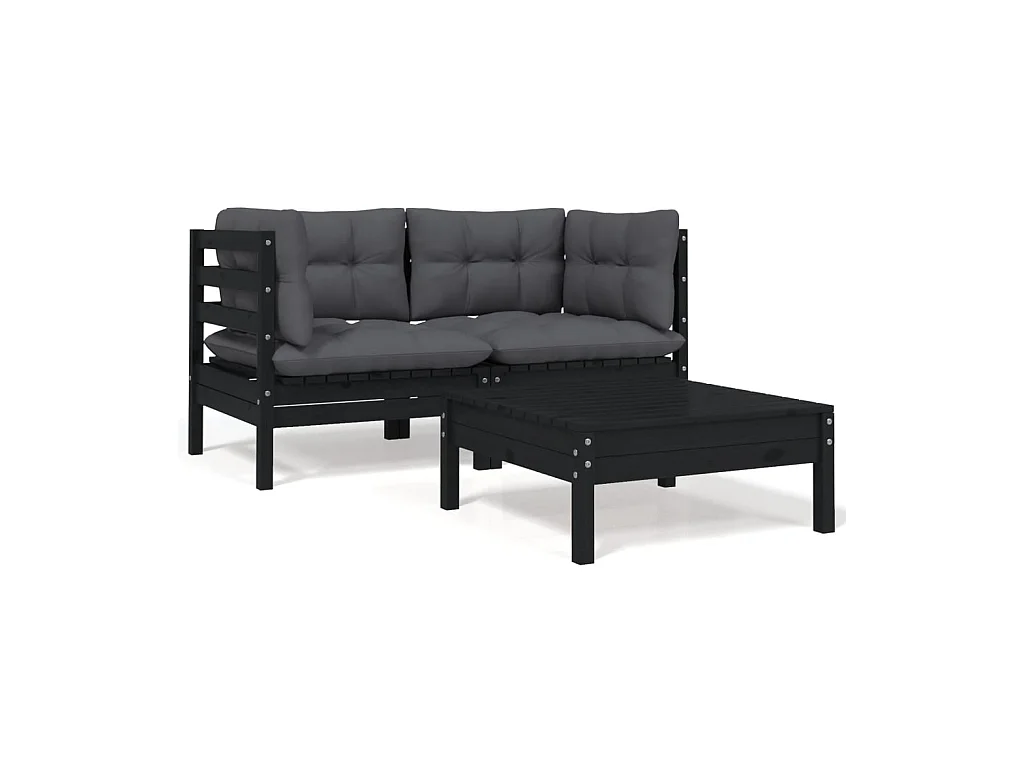 3 pcs Canapés de jardin avec coussins Noir Bois de pin massif PWRS78824