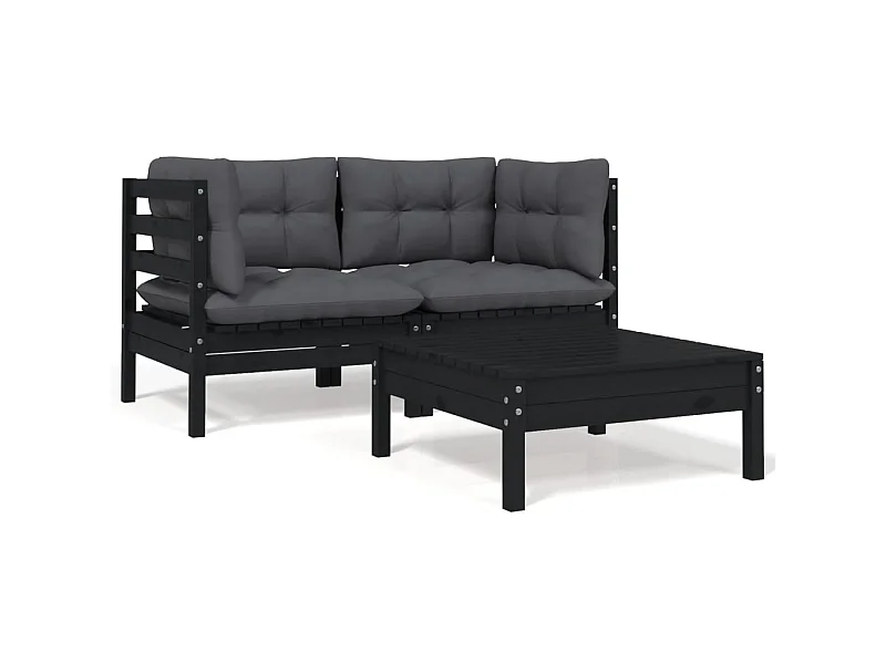 3 pcs Canapés de jardin avec coussins Noir Bois de pin massif PWRS78824