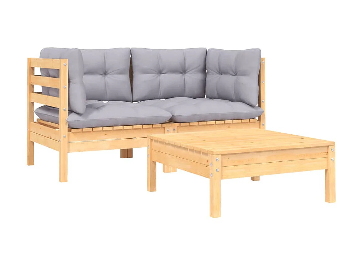 Juego muebles de jardín 3 pzas cojines gris madera pino maciza KOW19941