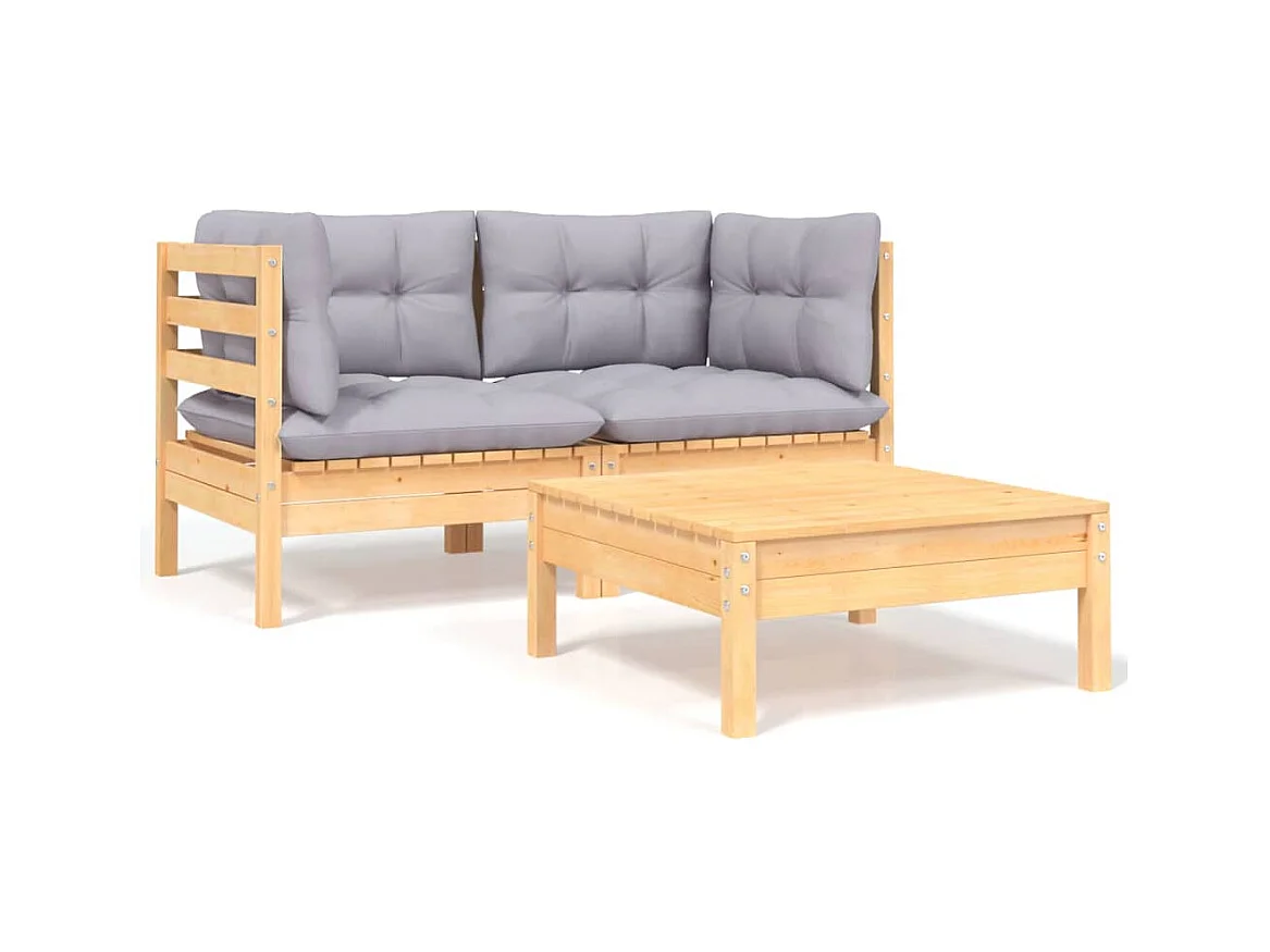 3 pcs Canapés de jardin avec coussins gris Bois de pin massif PWRS51311