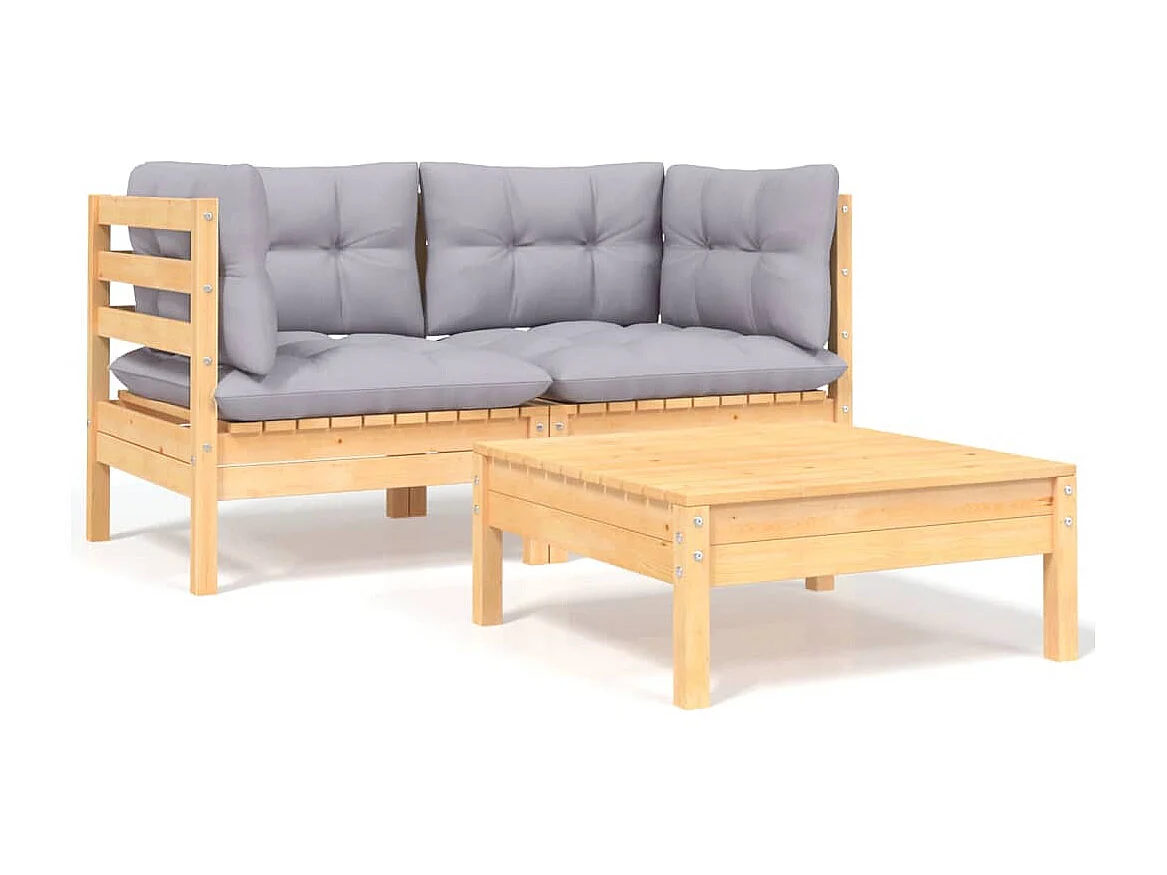 3-tlg. Garten-Sitzgruppe: Sofa + Tisch | Garten-Lounge-Set mit Grauen Kissen Kiefer Massivholz -GKD769885