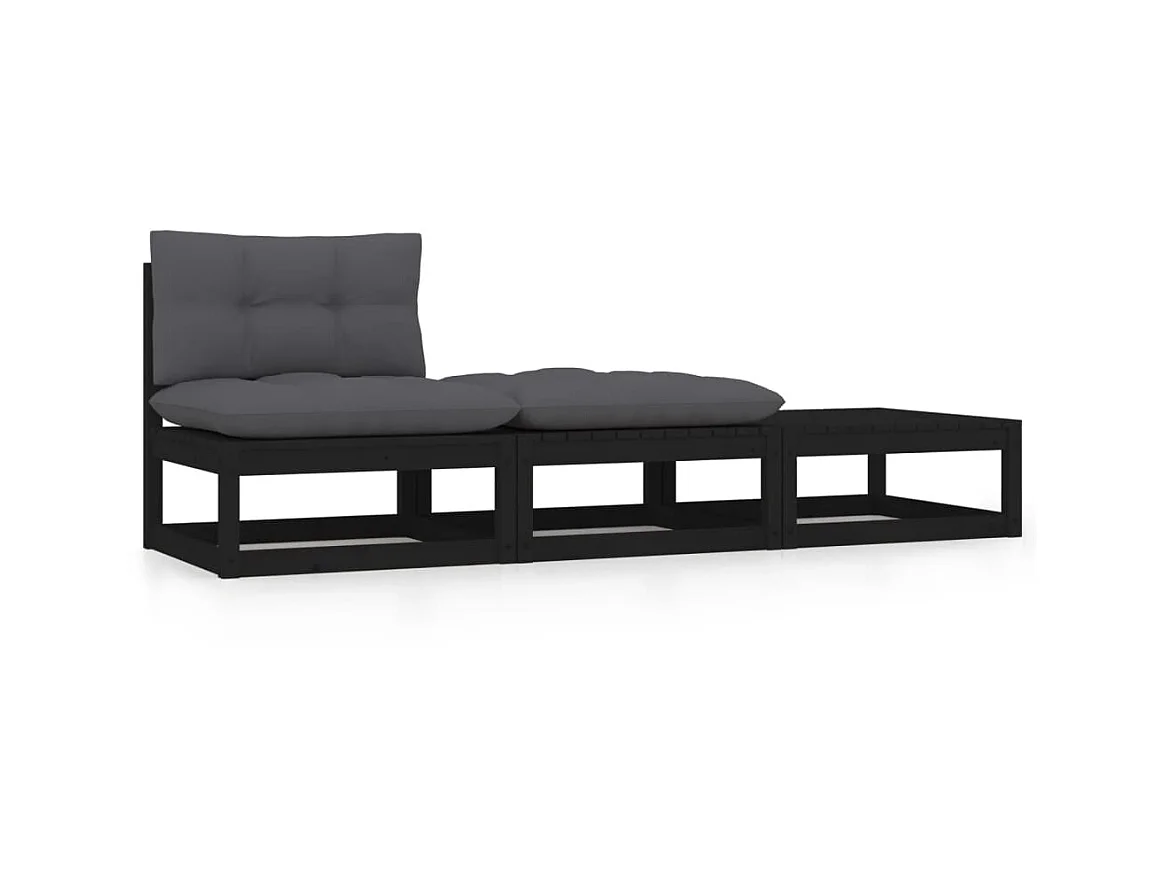 3 pcs Canapés de jardin avec coussins Noir Bois de pin massif PWRS88877