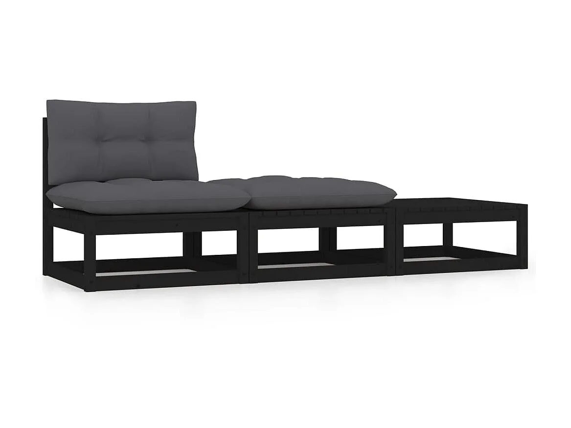 3 pcs Canapés de jardin avec coussins Noir Bois de pin massif PWRS88877