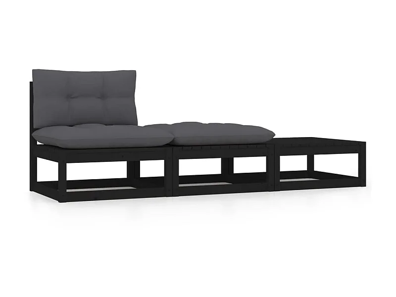 3 pcs Canapés de jardin avec coussins Noir Bois de pin massif PWRS88877