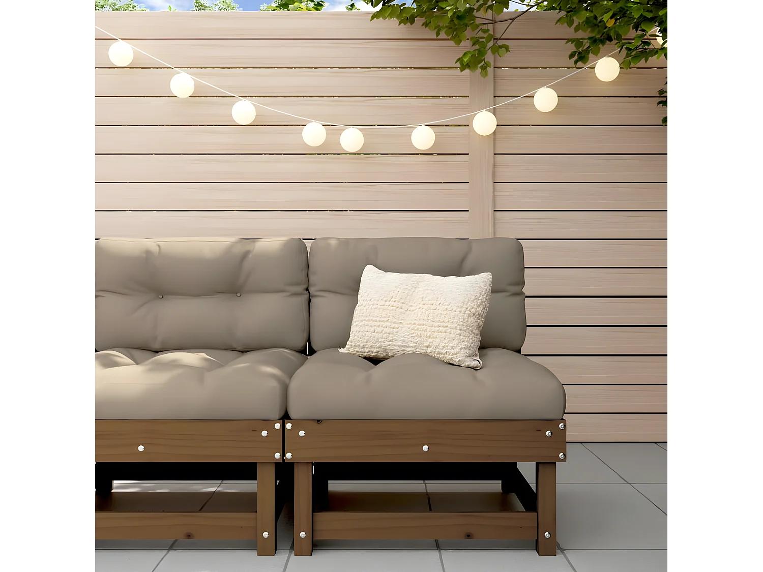 Canapé central de jardin avec coussins marron miel bois de pin solide PWRS43691