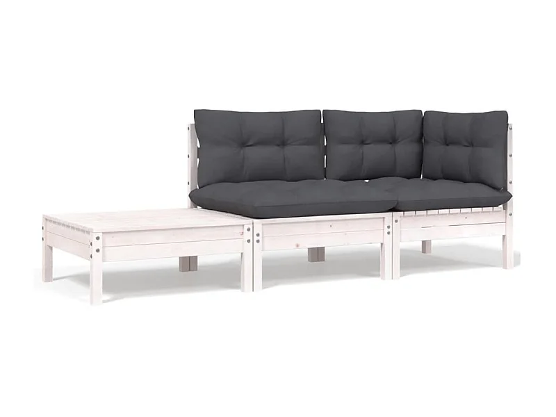 3 pcs conjunto lounge jardim c/ almofadões pinho maciço branco PT284985
