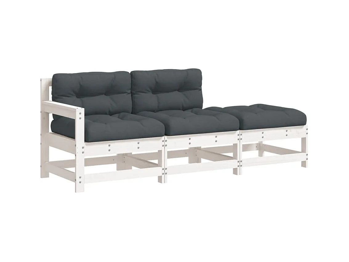 3-tlg. Garten-Sitzgruppe: Sofa + Tisch | Garten-Lounge-Set mit Kissen Weiß Massivholz -GKD488337