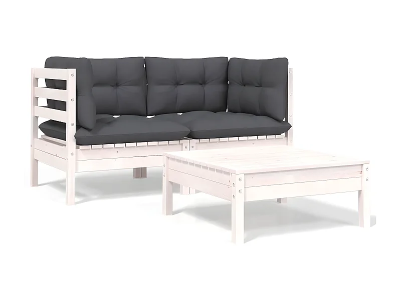 Juego de muebles de jardín 3 pzas y cojines blanco madera pino KOW56821
