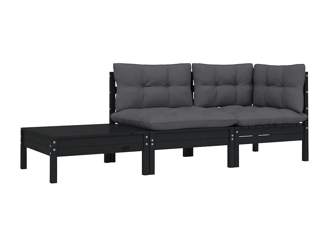 3 pcs Canapés de jardin avec coussins Noir Bois de pin massif PWRS82430