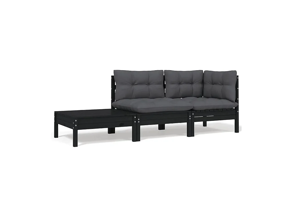 3 pcs Canapés de jardin avec coussins Noir Bois de pin massif PWRS82430