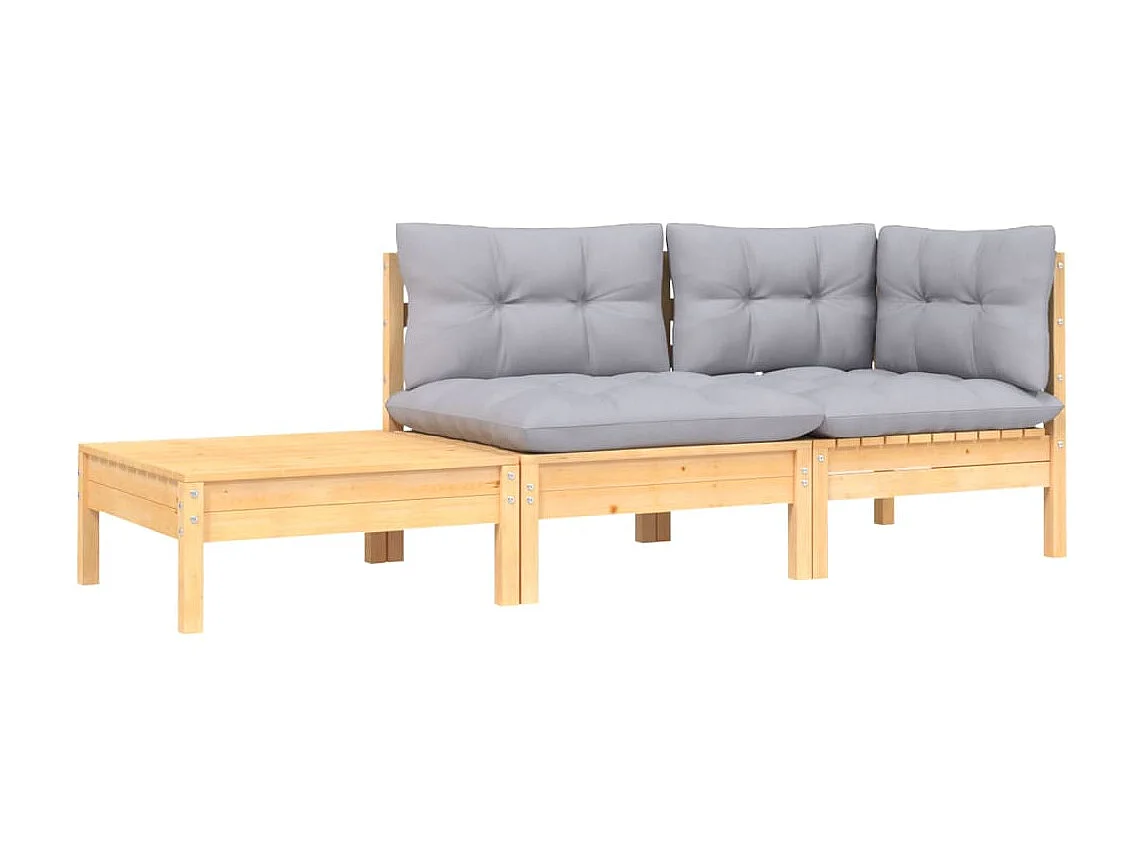 3-tlg. Garten-Sitzgruppe: Sofa + Tisch | Garten-Lounge-Set mit Grauen Kissen Kiefer Massivholz -GKD635517