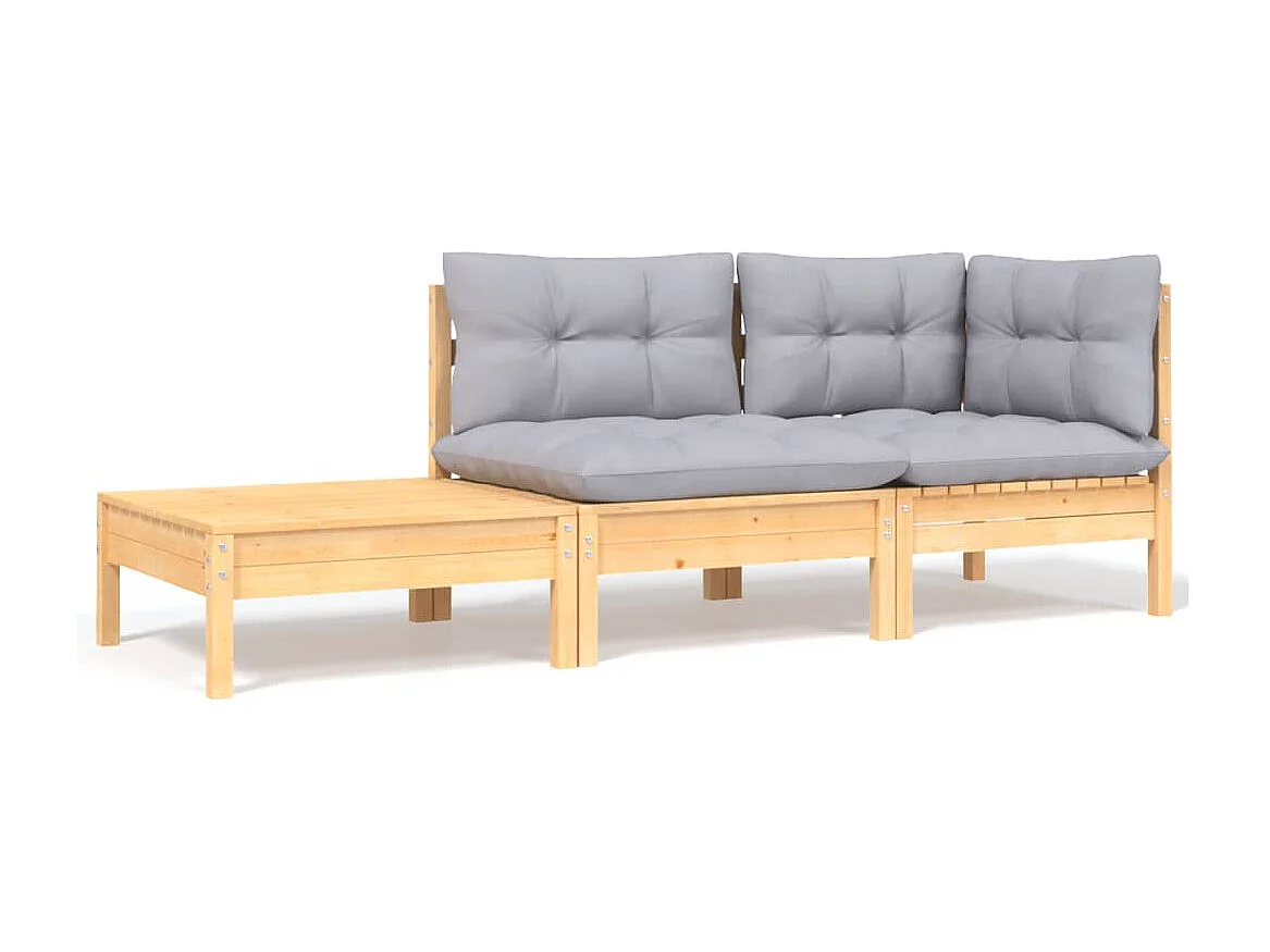 3-tlg. Garten-Sitzgruppe: Sofa + Tisch | Garten-Lounge-Set mit Grauen Kissen Kiefer Massivholz -GKD635517