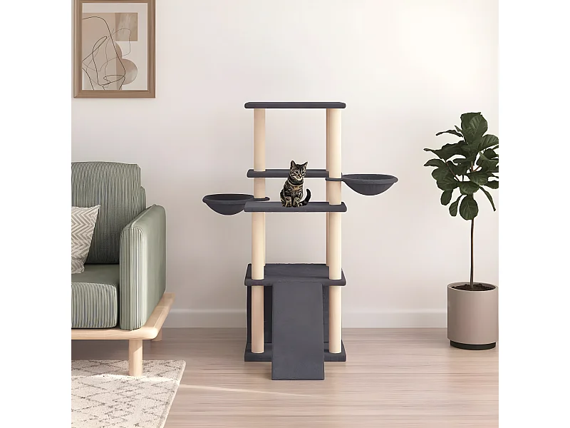 Rascador para gatos con postes de sisal gris oscuro 133 cm ES850617