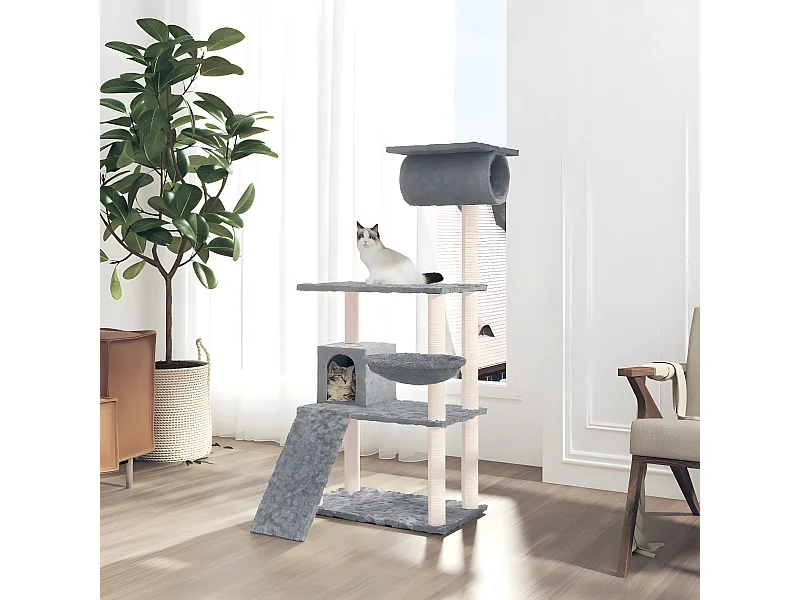 Árvore p/ gatos c/ postes arranhadores sisal 131 cm cinza-claro PT406870