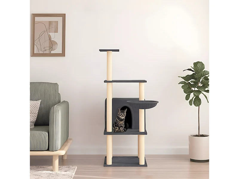 Rascador para gatos con postes de sisal gris oscuro 132 cm ES747100