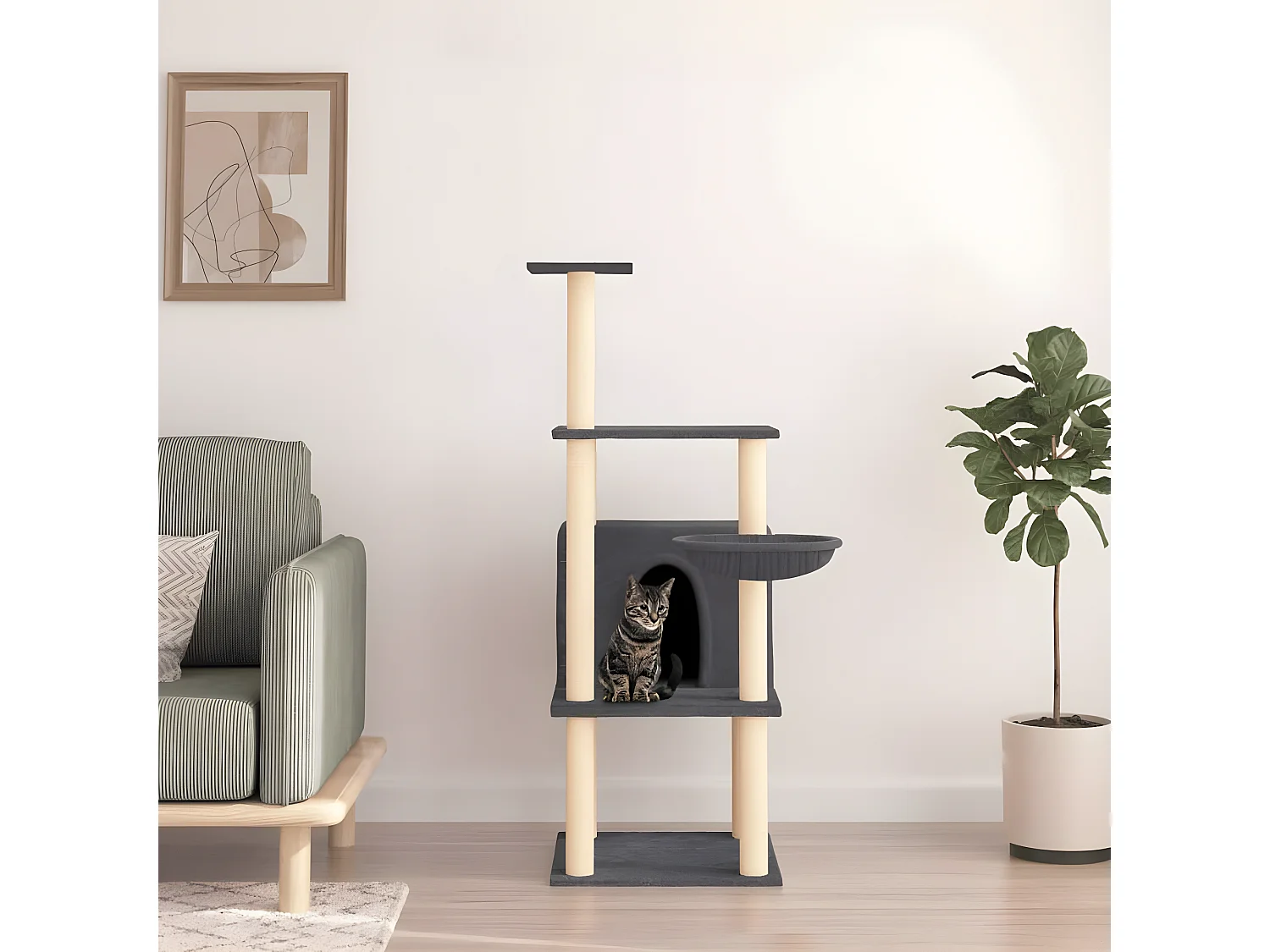 Rascador para gatos con postes de sisal gris oscuro 132 cm ES747100