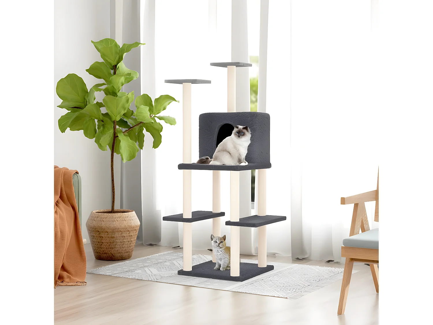 Árvore para gatos c/ arranhadores sisal 144,5 cm cinza-escuro PT927487