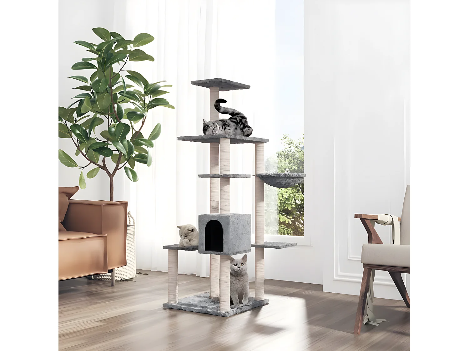 Árvore p/ gatos c/ postes arranhadores sisal 142 cm cinza-claro PT146599