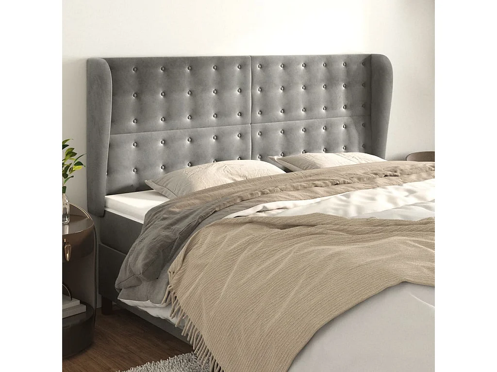 Cabecero con orejas de terciopelo gris claro 163x23x118/128 cm ES21996