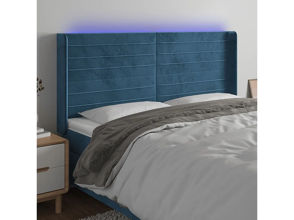 Cabeceira cama c/ luzes LED veludo 183x16x118/128cm azul-escuro PT370322