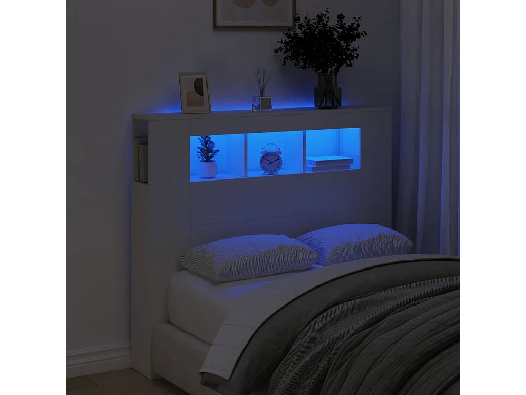 Cabeceira cama c/ LEDs 120x18,5x103,5 cm deriv. madeira branco PT445494