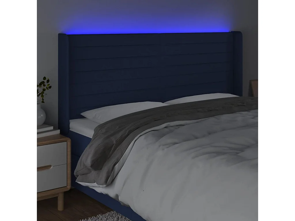Cabeceira de cama c/ luzes LED tecido 203x16x118/128 cm azul PT799973