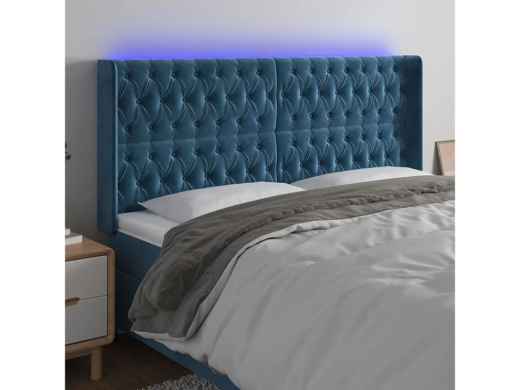 Cabeceira cama c/ luzes LED veludo 203x16x118/128cm azul-escuro PT210904
