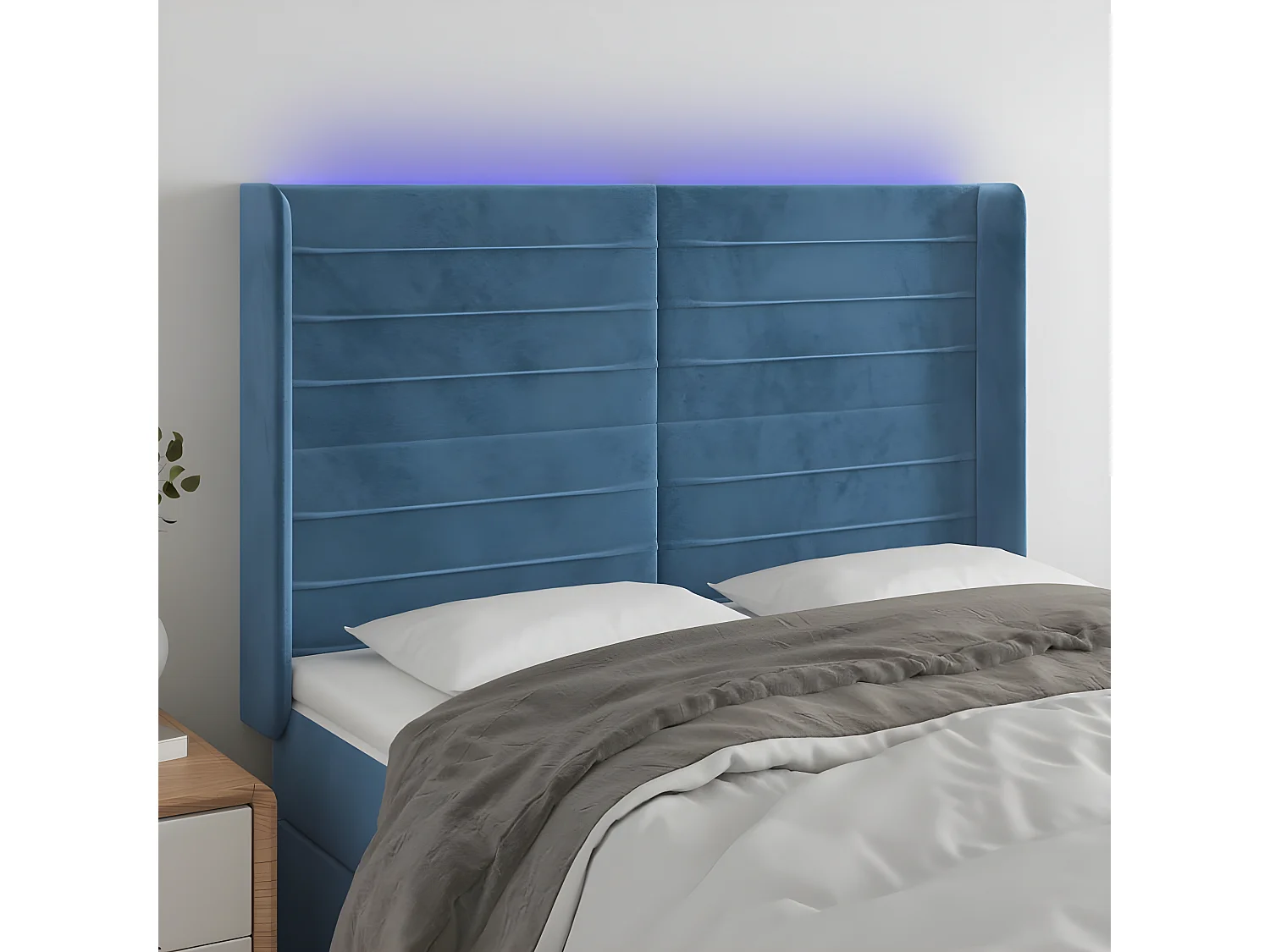 Cabeceira cama c/ luzes LED veludo 147x16x118/128cm azul-escuro PT649546