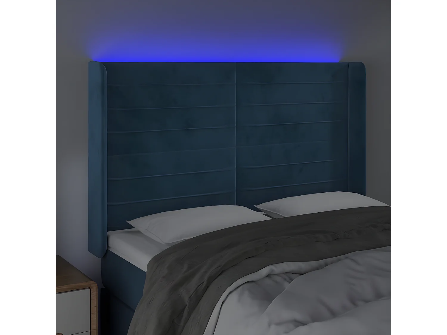 Cabeceira cama c/ luzes LED veludo 147x16x118/128cm azul-escuro PT649546