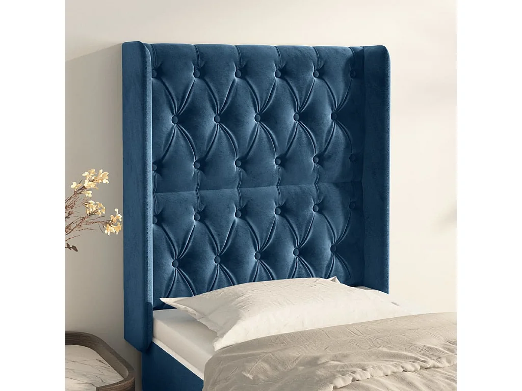 Cabeceira cama c/ abas veludo 83x16x118/128 cm azul-escuro PT419006