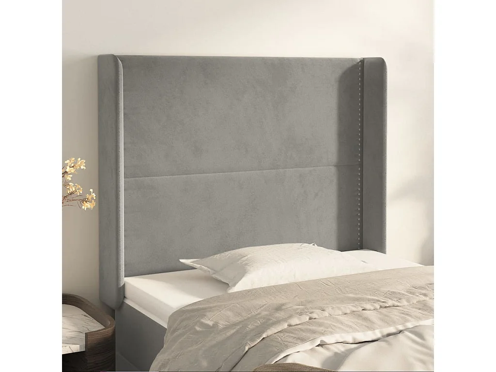 Cabecero con orejas de terciopelo gris claro 93x16x118/128 cm ES51766